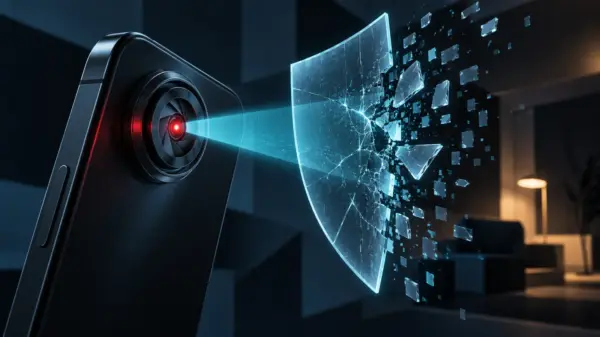 Copertina editoriale concettuale con fotocamera di uno smartphone che infrange una barriera digitale di privacy