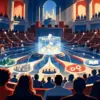 Illustrazione editoriale di un’assemblea civica con urna trasparente e connessioni digitali