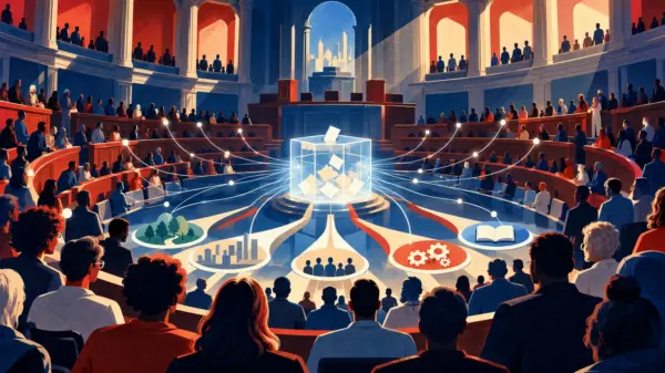 Illustrazione editoriale di un’assemblea civica con urna trasparente e connessioni digitali