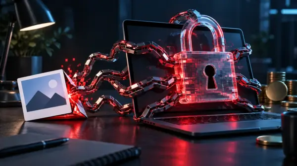 Copertina editoriale concettuale con allegato immagine ingannevole, computer bloccato e catene digitali