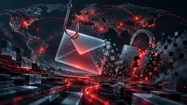 Illustrazione editoriale sui reati informatici tra phishing, frodi e ransomware