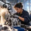 Operatrice e braccio robotico collaborano su un componente in una fabbrica tecnologica