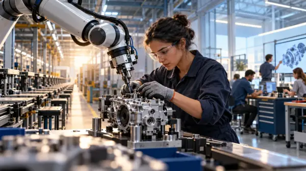 Operatrice e braccio robotico collaborano su un componente in una fabbrica tecnologica