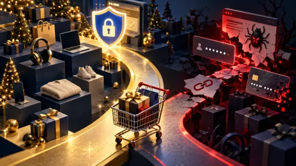Illustrazione editoriale sugli acquisti online, con un percorso protetto e uno esposto a malware e furto di credenziali