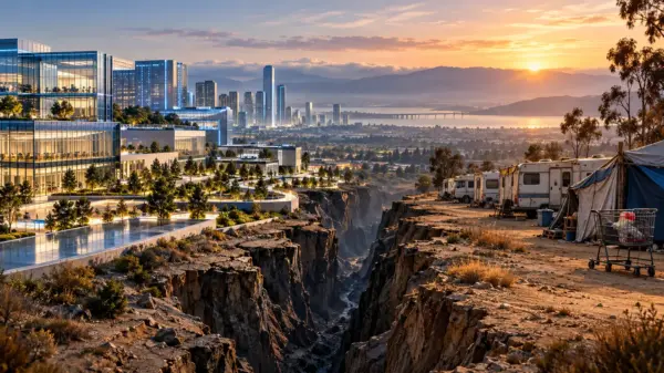 Contrasto editoriale tra campus tecnologici luminosi e precarietà abitativa nella Silicon Valley