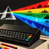 Illustrazione retrofuturista di un home computer nero che trasforma un fascio di luce in mondi digitali colorati attraverso un prisma