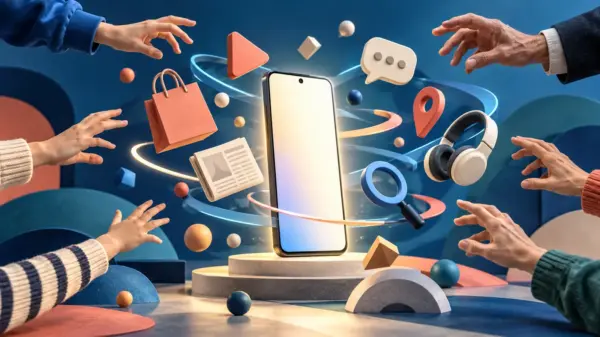 Illustrazione sullo smartphone al centro delle abitudini digitali di diverse generazioni