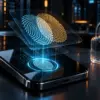 Due impronte digitali sovrapposte sopra uno smartphone accanto a un lucchetto incrinato