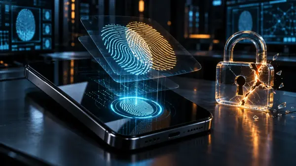 Due impronte digitali sovrapposte sopra uno smartphone accanto a un lucchetto incrinato