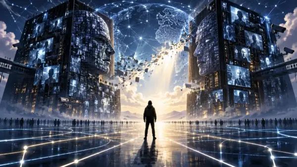 Composizione editoriale concettuale sulla sfida alla sorveglianza digitale e al potere delle Big Tech