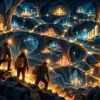 Illustrazione editoriale di imprenditori che esplorano una miniera digitale illuminata da reti, dati e opportunità di pubblico