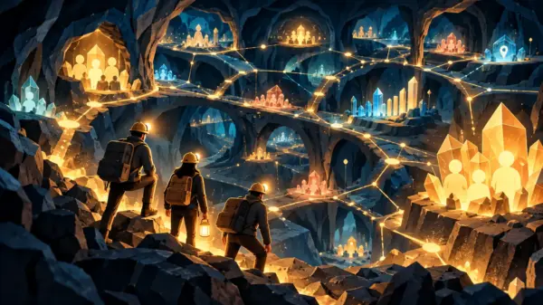 Illustrazione editoriale di imprenditori che esplorano una miniera digitale illuminata da reti, dati e opportunità di pubblico