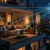 Appartamento notturno osservato da dispositivi connessi che inviano dati a una grande lente esterna