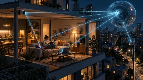 Appartamento notturno osservato da dispositivi connessi che inviano dati a una grande lente esterna