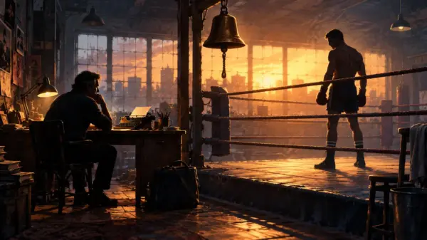 Editorial illustration of a screenwriter facing his boxer alter ego in an old boxing gym