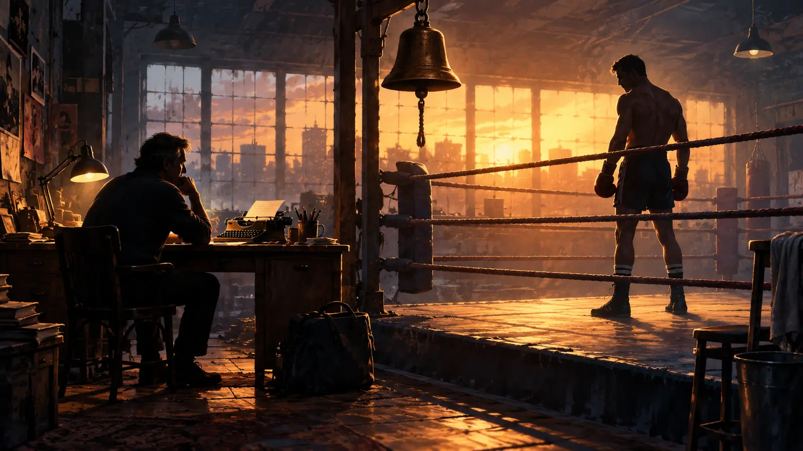 Editorial illustration of a screenwriter facing his boxer alter ego in an old boxing gym
