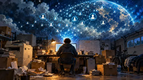 Illustrazione concettuale di un giovane programmatore e di una rete digitale che cresce da un piccolo ufficio