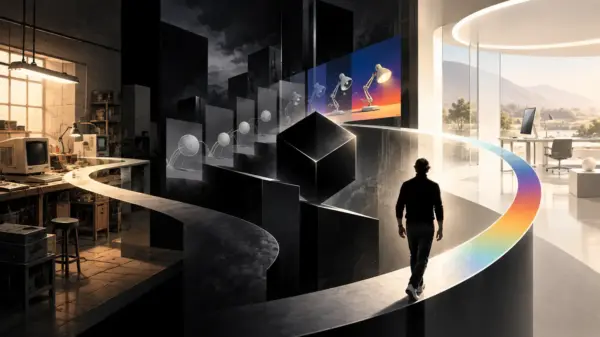 Illustrazione editoriale concettuale sul percorso di Steve Jobs tra l’uscita e il ritorno alla guida di Apple