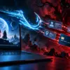 Schermo di fantascienza usato come esca digitale mentre un amo trascina dati personali e carta di pagamento verso un portale malware