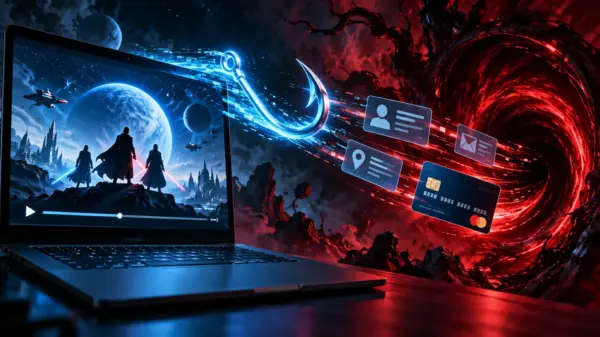Schermo di fantascienza usato come esca digitale mentre un amo trascina dati personali e carta di pagamento verso un portale malware