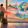 Viaggiatrice in partenza davanti a un globo e a paesaggi del mondo uniti da un nastro color corallo