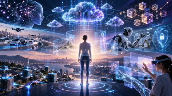 Ecosistema digitale con intelligenza artificiale, cloud, robotica, blockchain e realtà aumentata