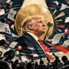 Conceptual editorial collage of Donald Trump at the center of an orbit of microphones, cameras and media fragments