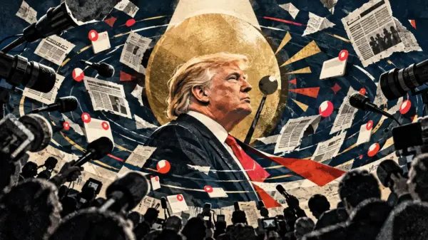 Conceptual editorial collage of Donald Trump at the center of an orbit of microphones, cameras and media fragments