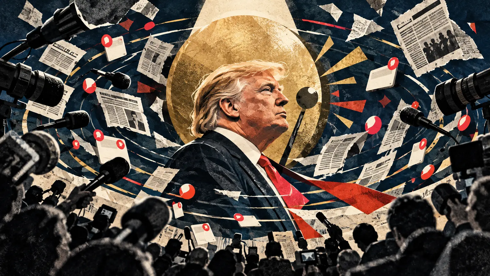 Conceptual editorial collage of Donald Trump at the center of an orbit of microphones, cameras and media fragments