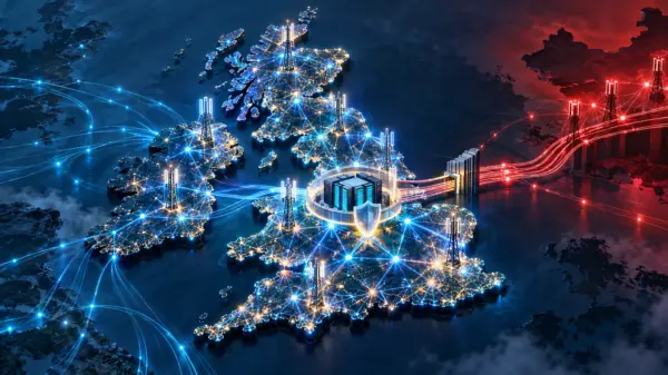 Illustrazione editoriale della rete 5G britannica protetta tra connessioni occidentali e cinesi