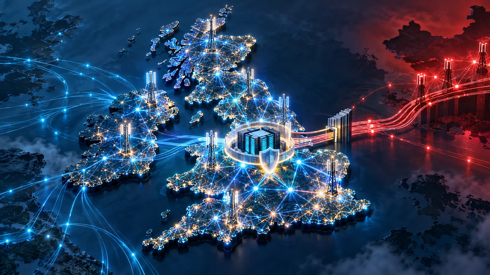 Illustrazione editoriale della rete 5G britannica protetta tra connessioni occidentali e cinesi