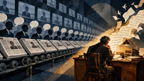 Illustrazione editoriale sul conformismo mediatico e la ricerca indipendente della verità