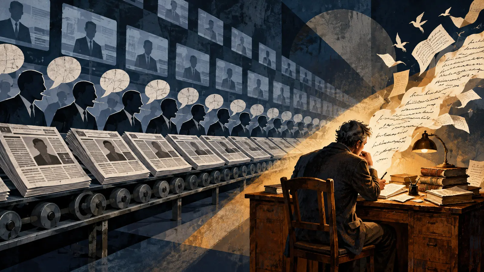 Illustrazione editoriale sul conformismo mediatico e la ricerca indipendente della verità