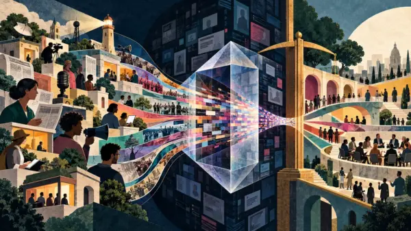 Illustrazione concettuale sul pluralismo dell’informazione filtrato dagli algoritmi e tutelato dalle regole