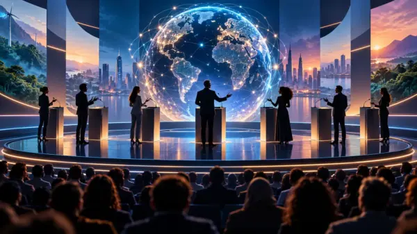Composizione editoriale concettuale con relatori internazionali collegati a una rete globale di innovazione