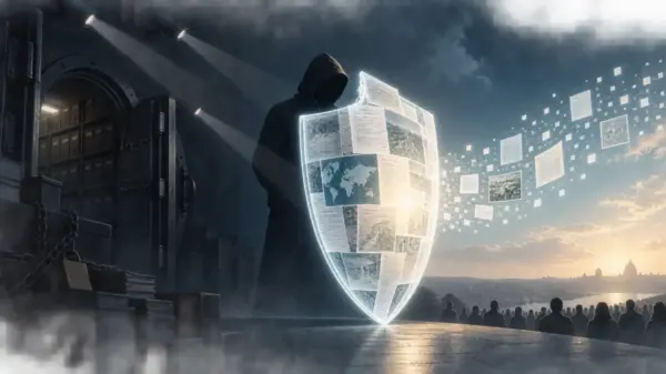 Illustrazione editoriale concettuale di uno scudo di documenti che protegge verità, conoscenza e libertà d’informazione