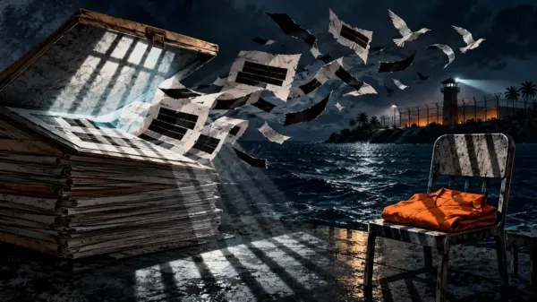 Documenti riservati, ombre di sbarre e una tuta arancione vuota davanti al mare di Guantanamo