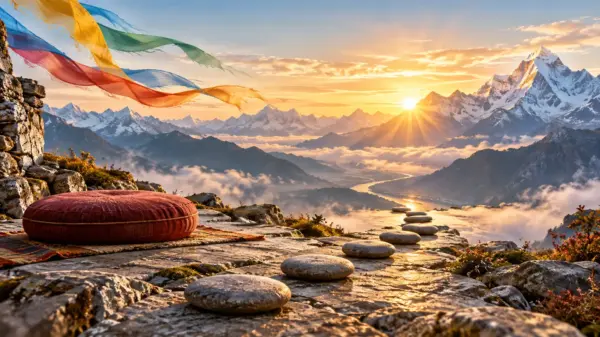 Un cuscino da meditazione e sette pietre tracciano un sentiero verso l’alba himalayana