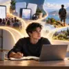Giovane scrittore e imprenditore al lavoro tra blog, viaggi e progetti digitali