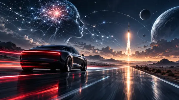 Un’auto elettrica corre verso un razzo tra una rete neurale e un cielo futuristico