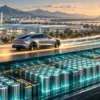 Un’auto elettrica percorre una strada luminosa sopra batterie e stabilimenti industriali