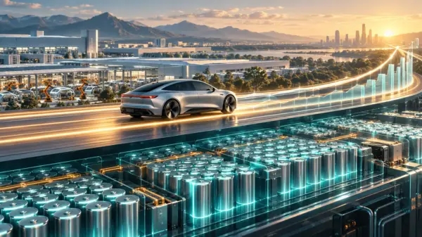 Un’auto elettrica percorre una strada luminosa sopra batterie e stabilimenti industriali