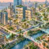 Una città verde collega uffici, case e mobilità attraverso percorsi luminosi