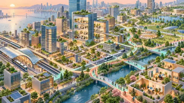 Una città verde collega uffici, case e mobilità attraverso percorsi luminosi