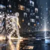 A person walks beside a luminous digital twin emerging from a smartphone in a data archive