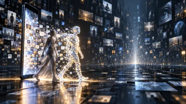A person walks beside a luminous digital twin emerging from a smartphone in a data archive