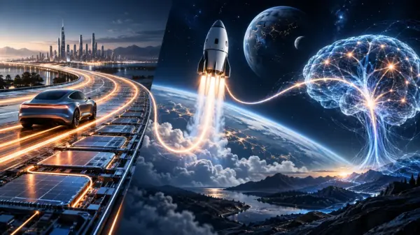 An electric road, a spacecraft and a neural network are linked in one futuristic landscape