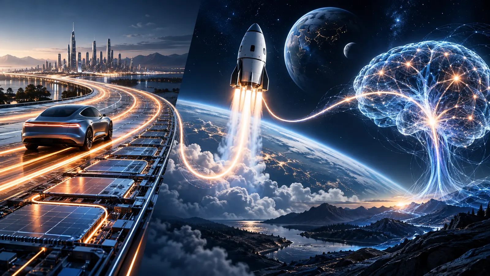 An electric road, a spacecraft and a neural network are linked in one futuristic landscape