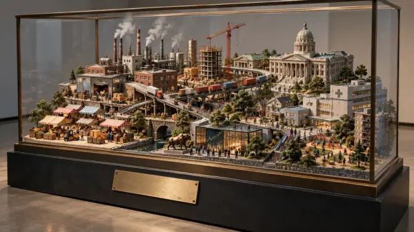 Un diorama economico di mercati, fabbriche e istituzioni sfugge a una teca con targa vuota