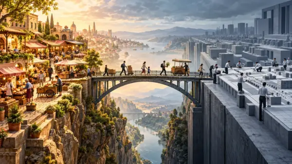 Un ponte collega un mercato vivo a una rigida città pianificata trasportando famiglie e imprese